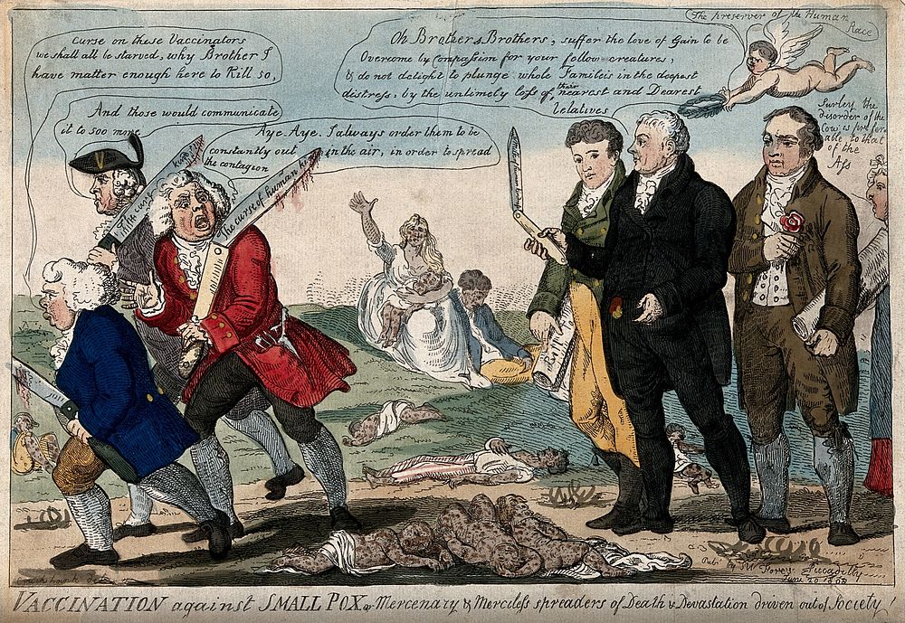 Edward Jenner and two colleagues seeing off three anti-vaccination opponents, the dead smallpox victims are littered at…