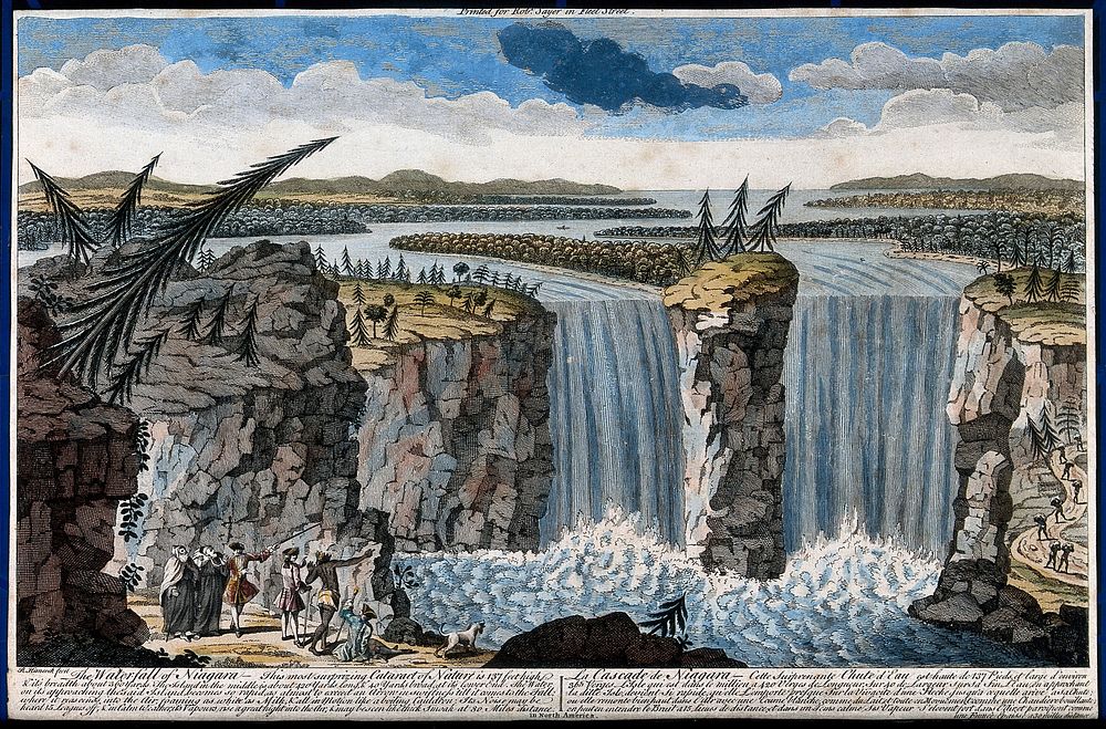 Geography: Niagara Falls, seen from a distance. Coloured engraving.