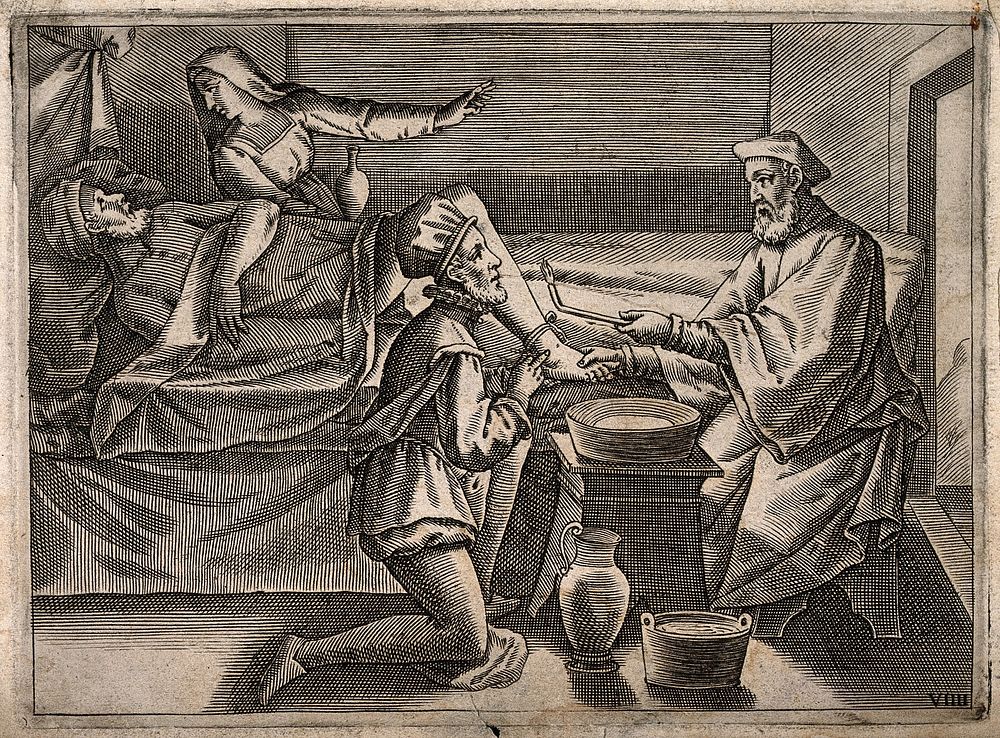 A surgeon instructing a younger surgeon how to bleed a male patient's foot, a woman is comforting the patient. Engraving…