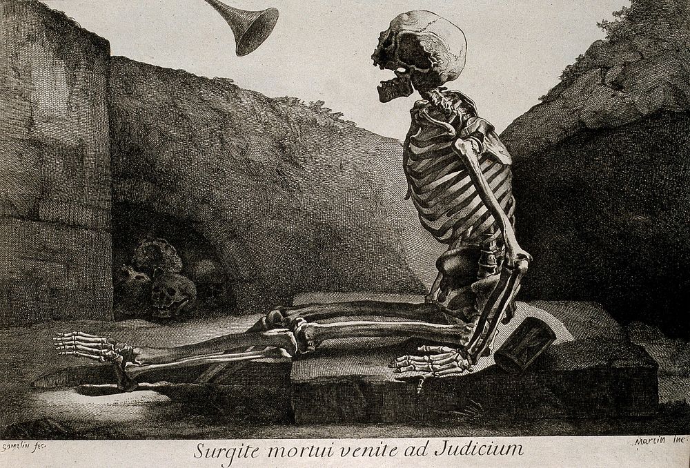 A skeleton, seated on his grave, awakes to the last trump on judgement day. Etching by Martin after J. Gamelin, 1778/1779.