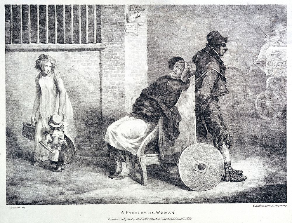 A paralyzed woman being transported along the street in a wheelchair. Lithograph by Théodore Gericault, 1821.
