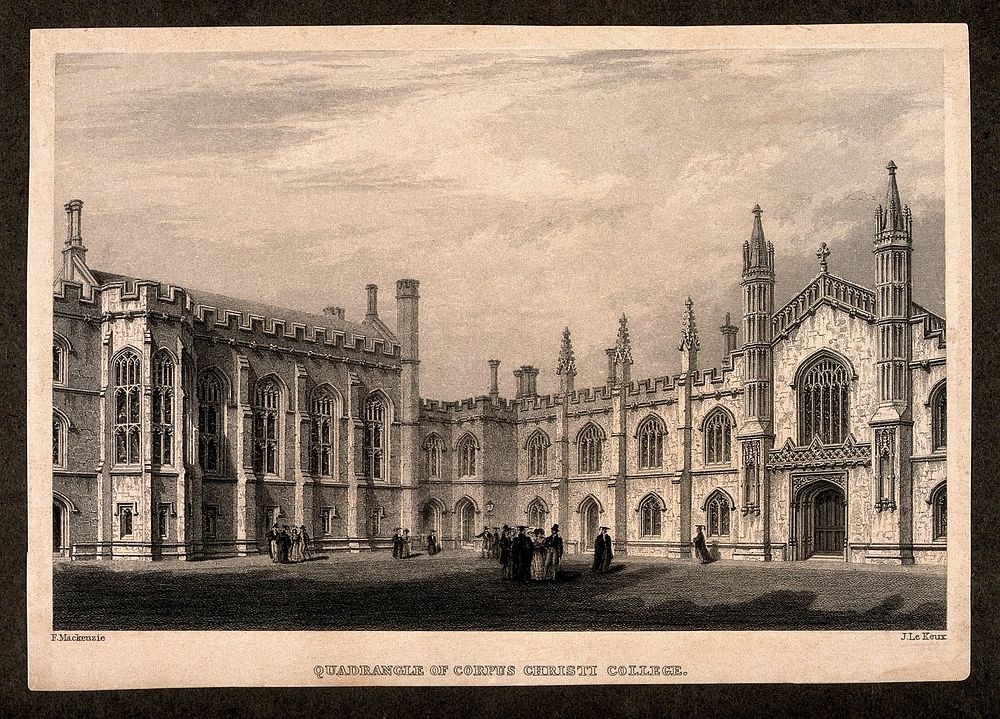 Corpus Christi College, Cambridge: New Court. Line engraving by J. Le Keux after F. Mackenzie.