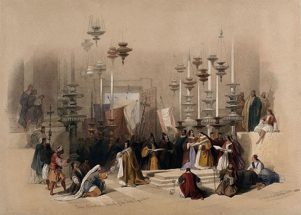 Worshippers at the Stone of Unction in the Church of the Holy Sepulchre, Jerusalem, Israel. Coloured lithograph by Louis…