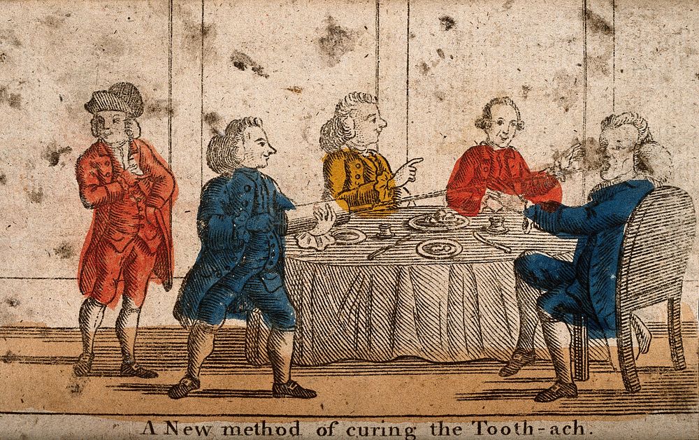 A man squirting a clyster in to somebody's mouth in order to cure his toothache, at a dinner table. Coloured etching.