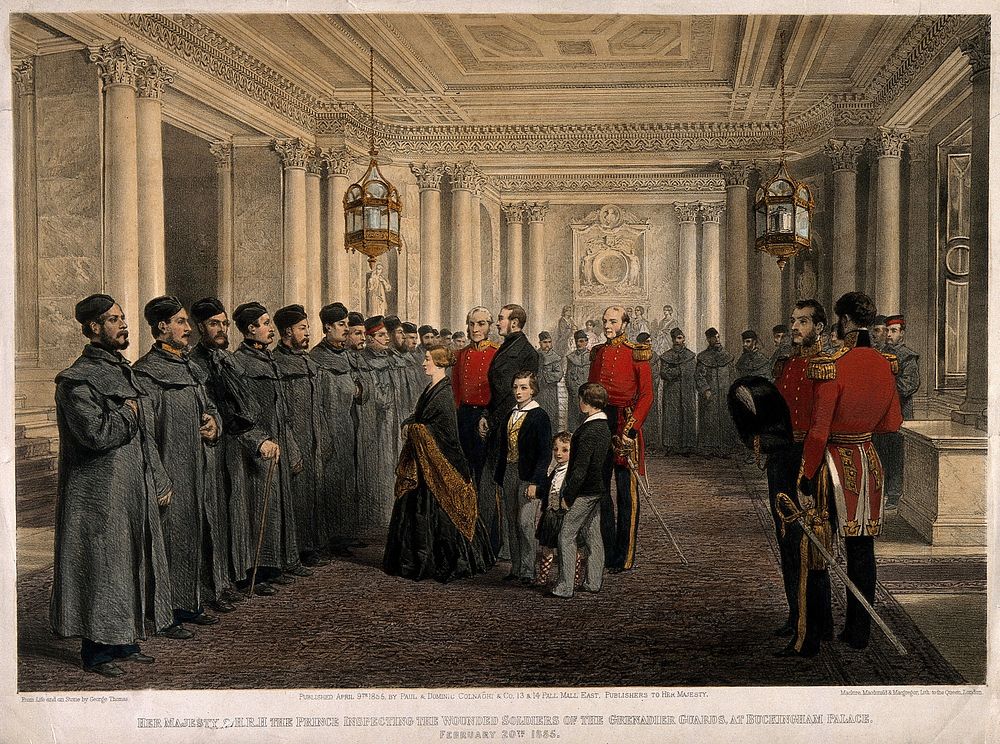 Crimean War, England: Queen Victoria and Prince Albert inspecting the wounded Grenadier Guards in Buckingham Palace.…