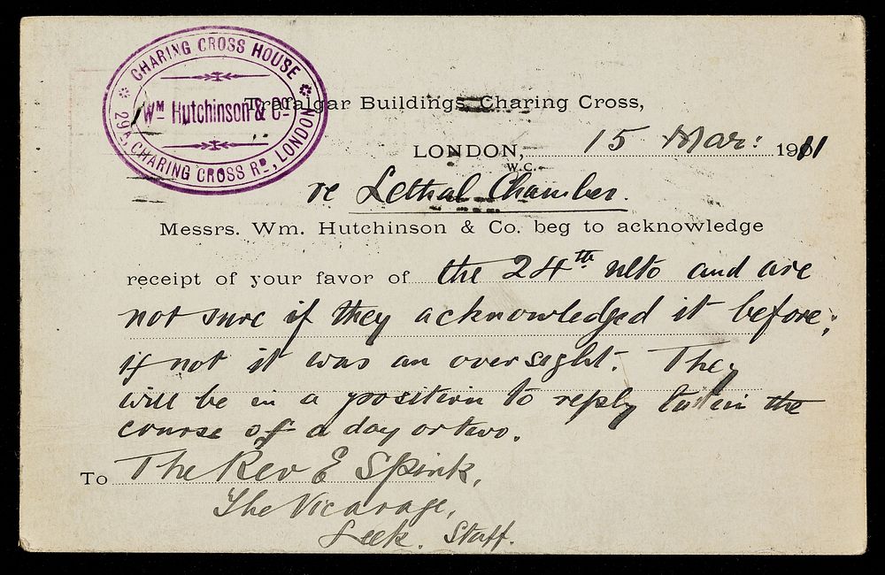 Messrs. Wm. Hutchinson & Co. beg to acknowledge receipt of your favour of ...