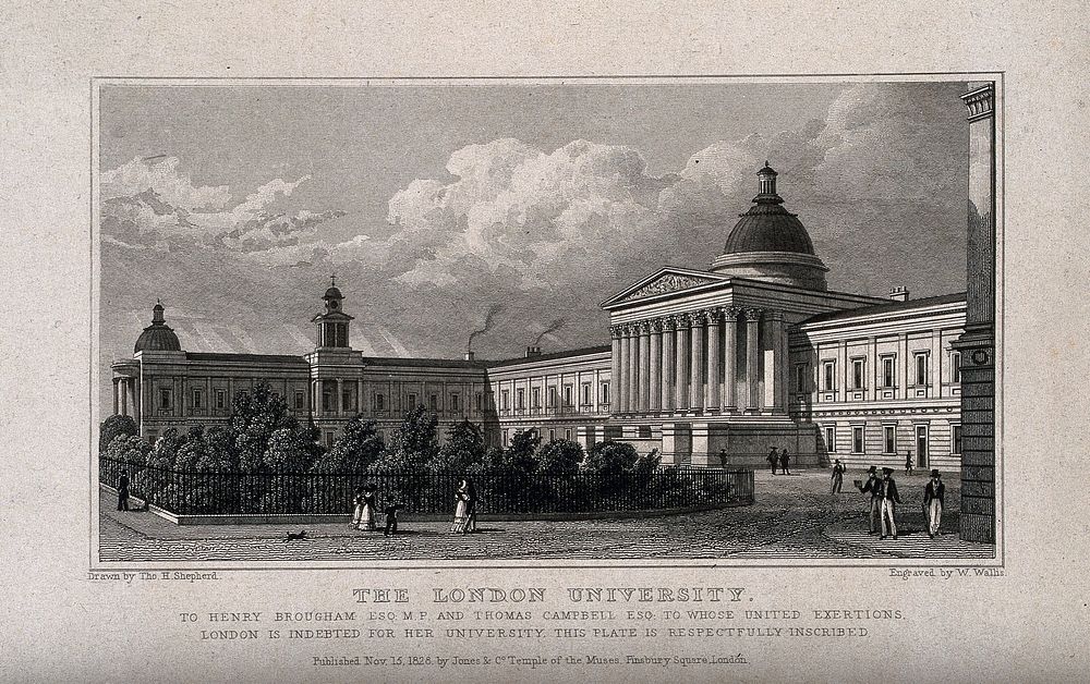 University College, London: the main building in Gower Street. Engraving by W. Wallis after T. H. Shepherd, 1828.