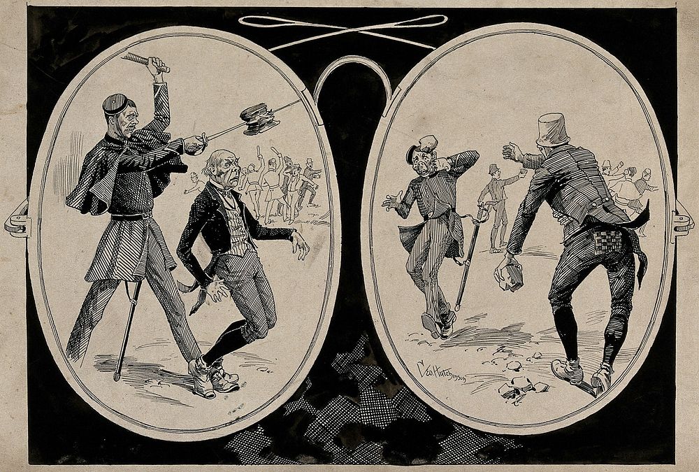 A pair of spectacles: left, a policeman pierces W.E. Gladstone's hat with his sword; right, a man is about to throw a stone…
