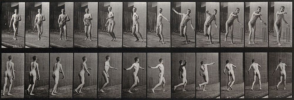 A man bowling. Photogravure after Eadweard Muybridge, 1887.