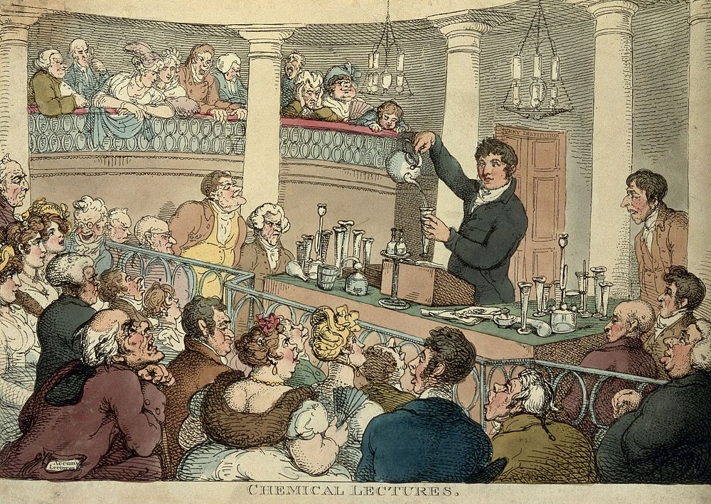 A chemical lecture at the Surrey Institution. Coloured etching by T. Rowlandson after his drawing, 1809.