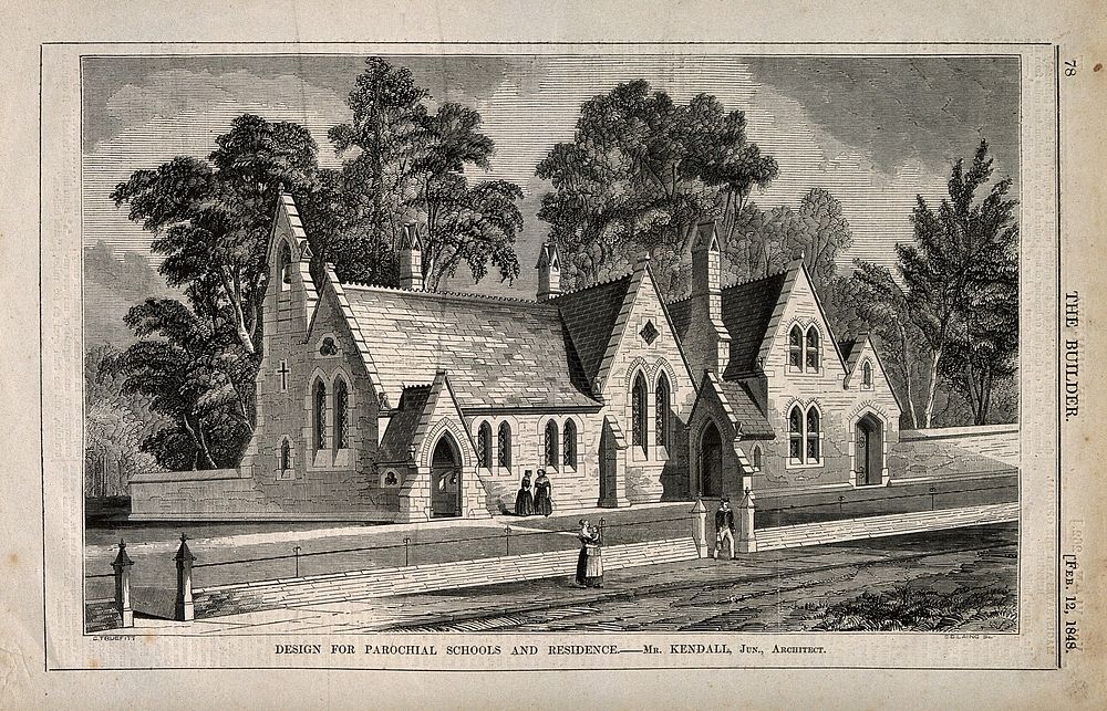 Design for a parochial school. Wood engraving by C.D. Laing, 1848, after G. Truefitt.