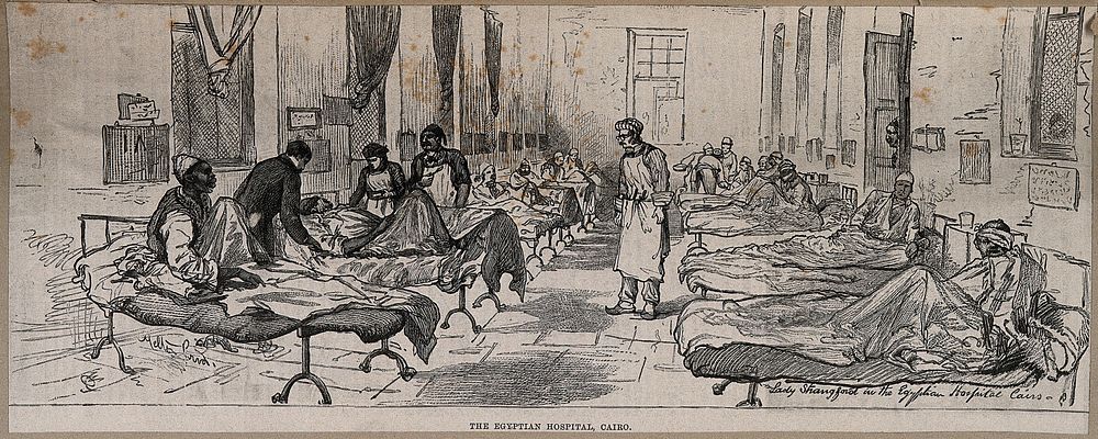 A full and very basic hospital ward in the Egyptian hospital, Cairo. Etching after M. Prior.