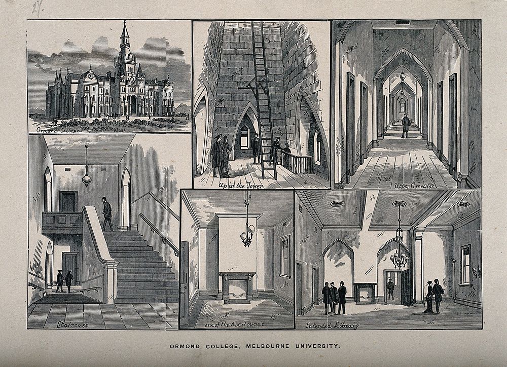 Ormond College, Melbourne University, Melbourne, Victoria: sketches of the interior. Wood engraving.