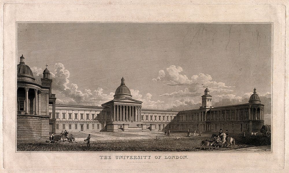 University College, London: the main building in Gower Street. Engraving by T. Higham after W. Wilkins.