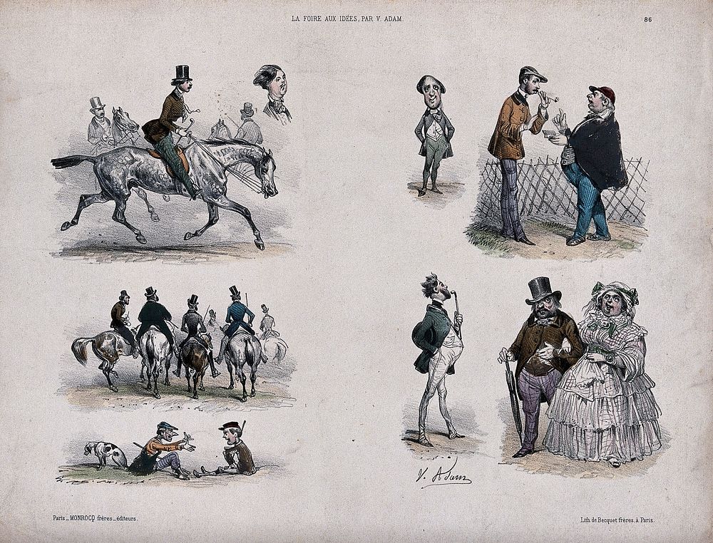 Figures and vignettes: men are on riding on horse back, a jockey sits on the ground waving his hands and a large couple walk…