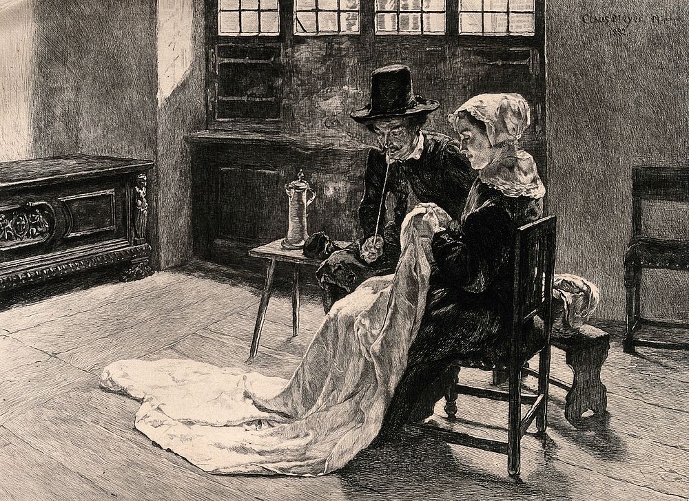 A man and a woman sit contentedly in their room, he is smoking a pipe while she sews. Etching by H. Struck after Claus Meyer.