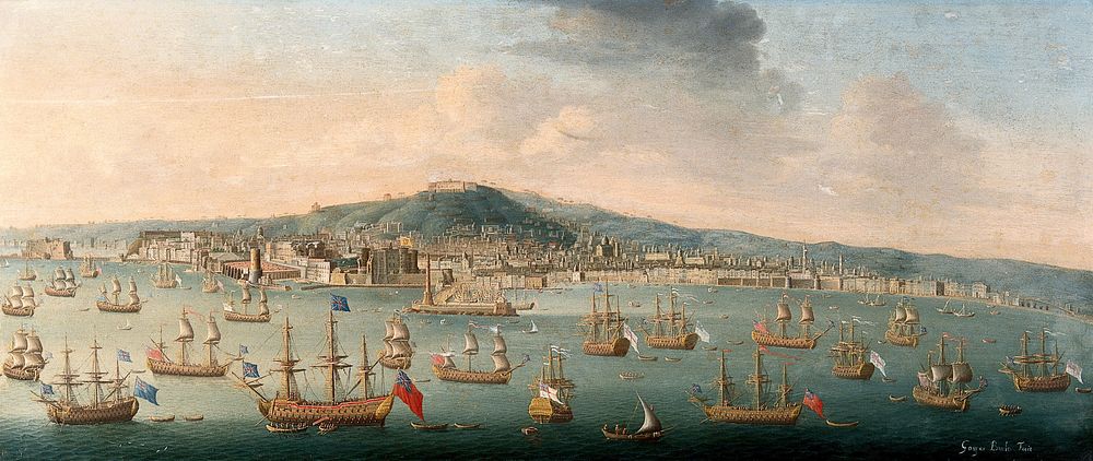 The bay of Naples with the British fleet at anchor, 1 August 1718. Oil painting by Gaspar Butler.