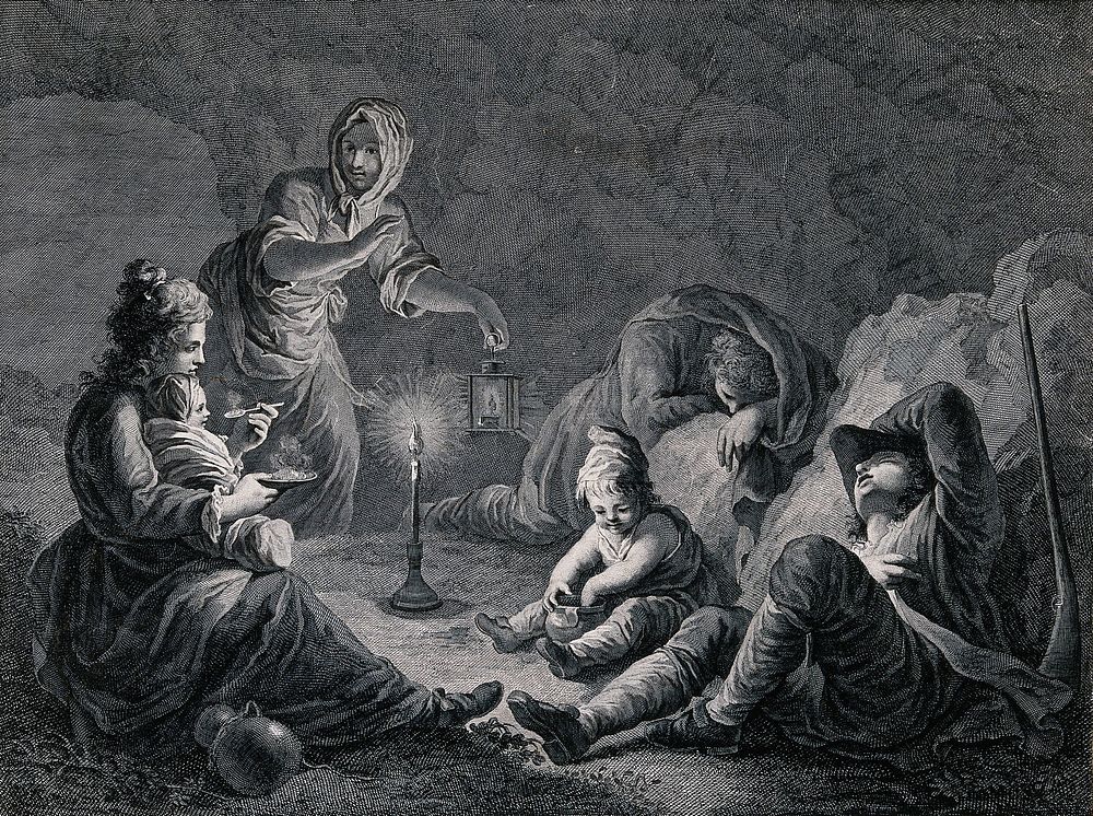 A gypsy family resting after a long journey. Engraving by Franco Pedro after Franco Maggiotto.