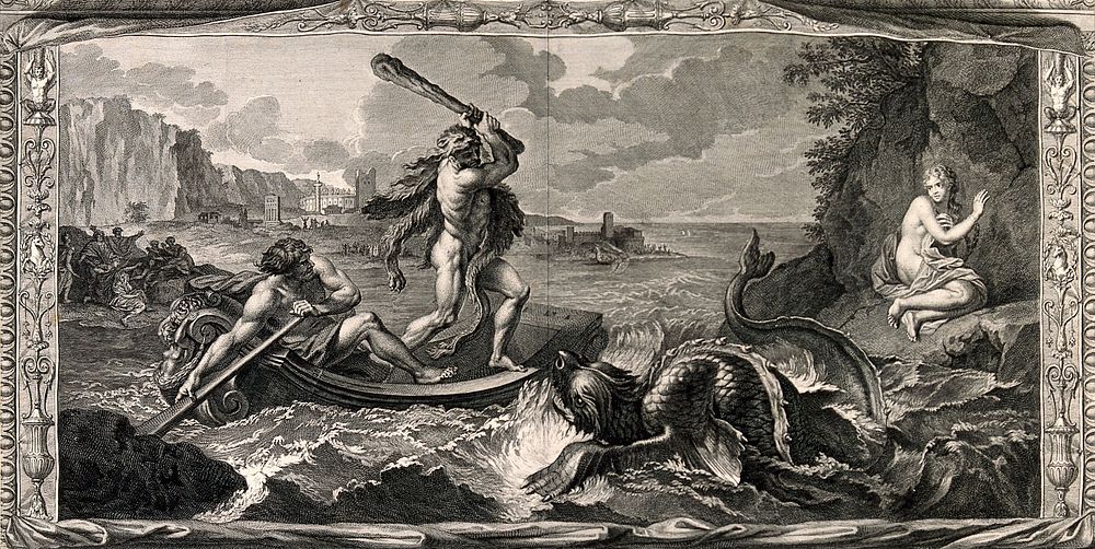 Hercules rescuing Hesione from a sea-monster. Engraving by B. Picart after C. Le Brun.