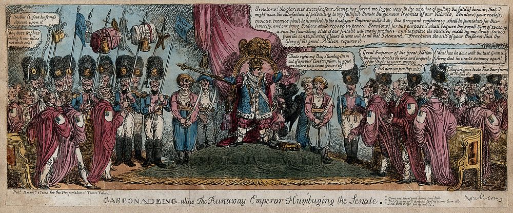 Napoleon as Emperor addressing the Senate on the glory of France and other matters. Coloured etching by Charles Williams…