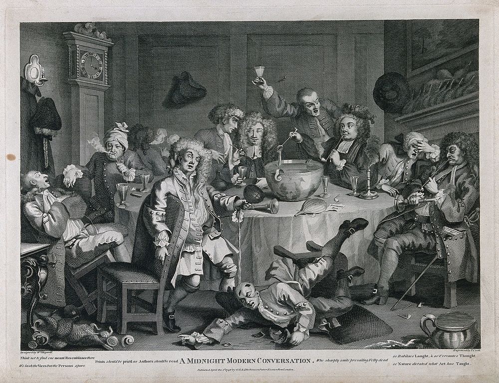 A drunken party with men smoking, sleeping and falling to the floor. Engraving by T. Cook, c. 1798, after W. Hogarth.