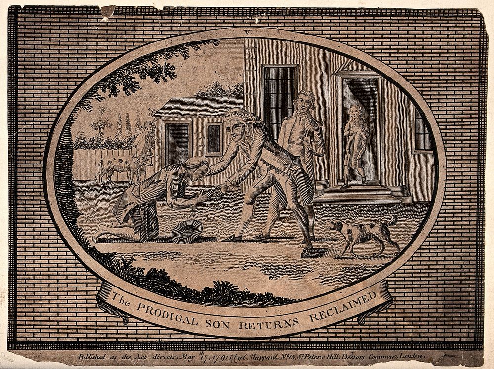 A father rushes from the house to meet his returning son who is dressed in rags. Engraving.