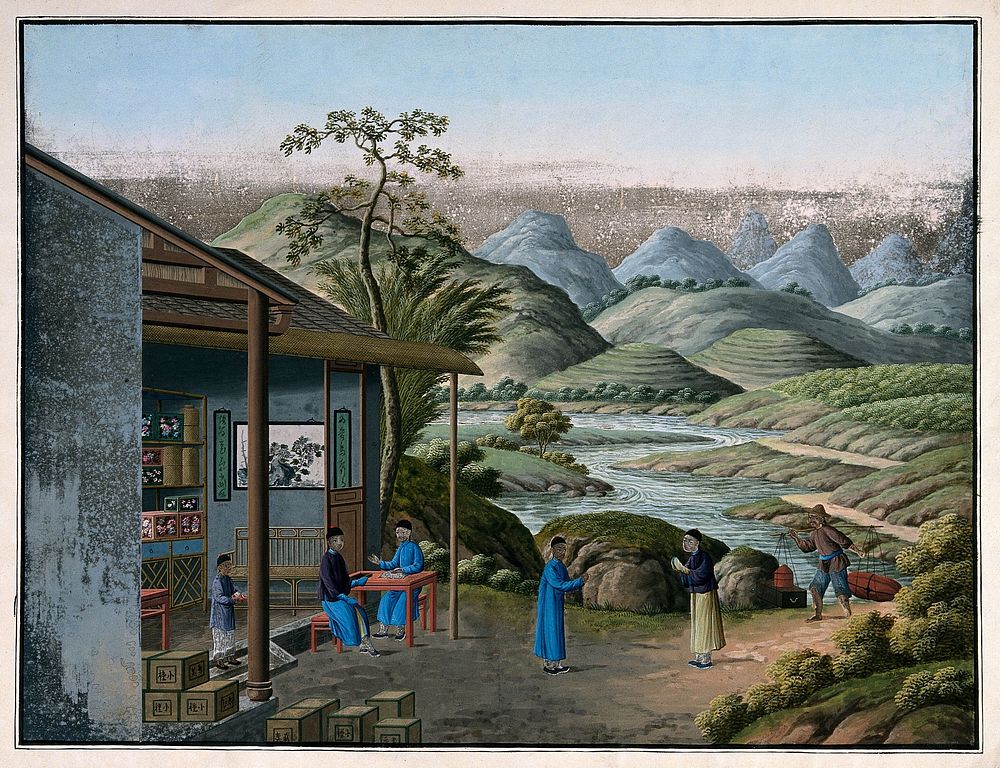 A tea plantation in China with workers packing the tea into boxes. Gouache painting with oxidization.