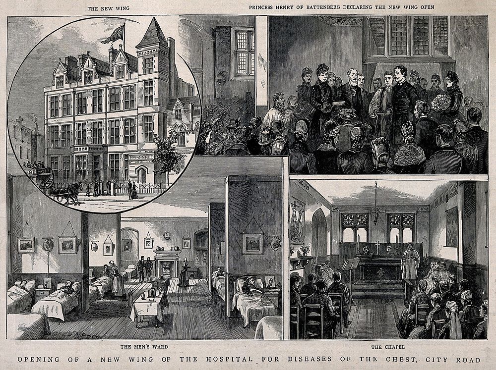 The Hospital for diseases of the chest, City Road: a montage of four views. Wood engraving by J. R. Brown.