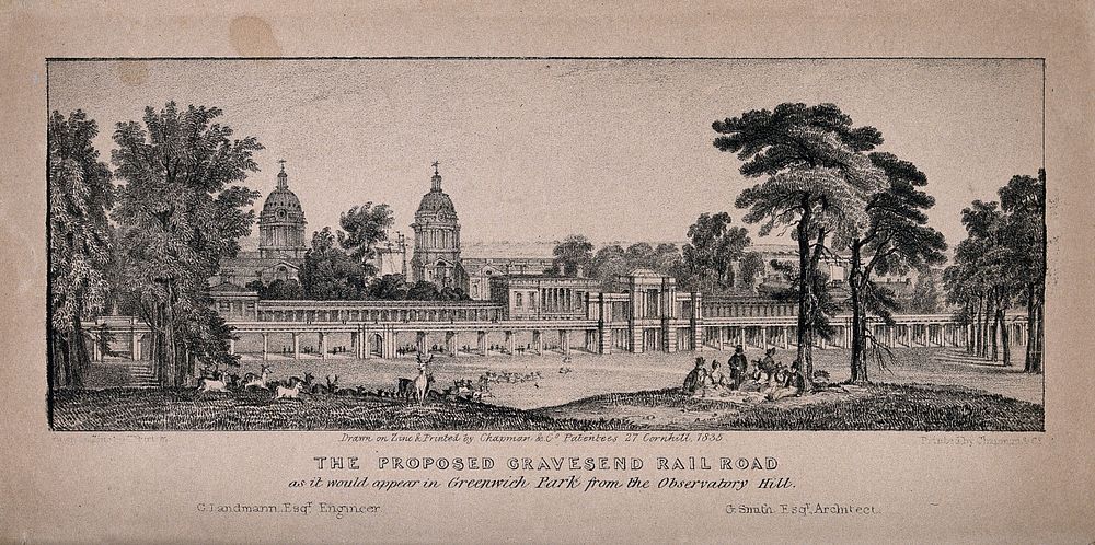 The Royal Naval Hospital and the Queen's House, Greenwich, the Gravesend Railway viaduct in front. Zincograph by Chapman &…