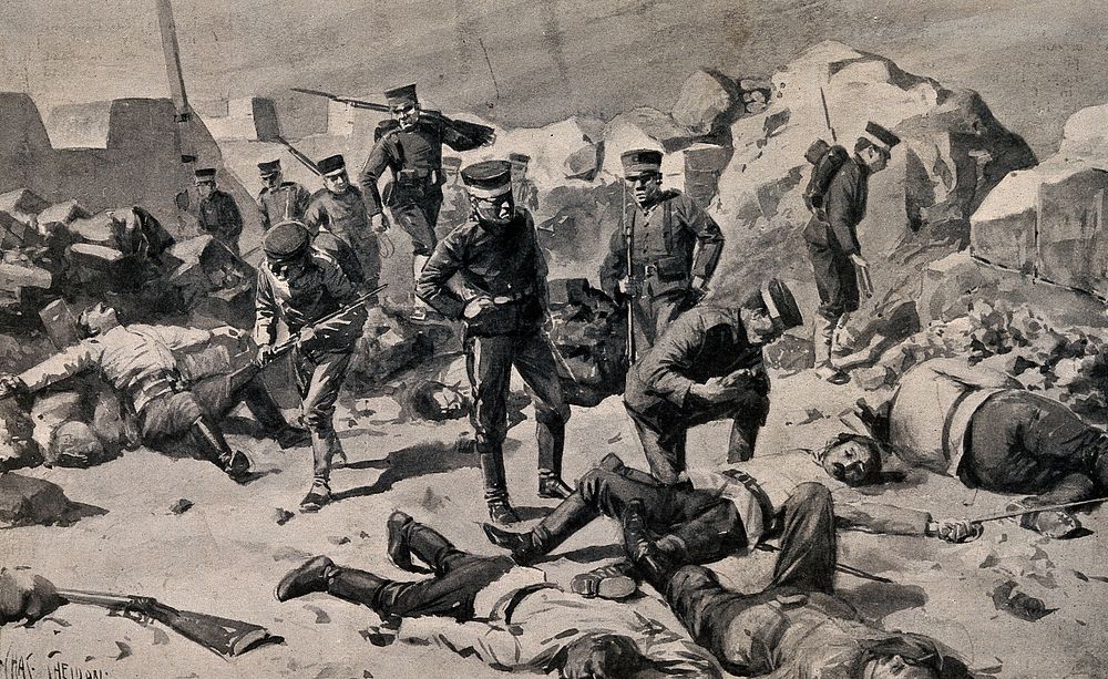 Russo-Japanese War: Japanese soldiers entering a bombed fort to find dead and wounded men. Halftone, c. 1905, after C. M.…