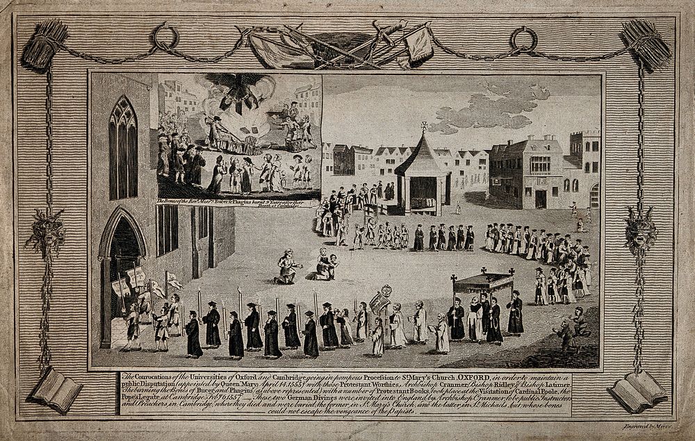A procession to St. Mary's Church, Oxford by the convocations of the Universities of Oxford and Cambridge; and the burning…