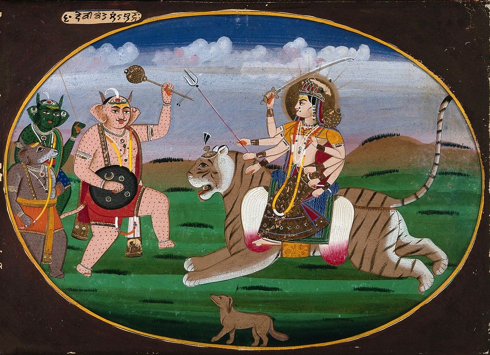 Devi Durga seated on a tiger prepares to battle the demons. Gouache painting by an Indian artist.