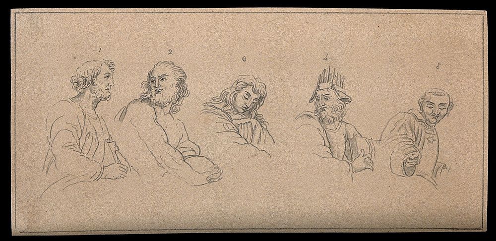 Five biblical and mythological figures, expressing different physiognomic characteristics. Drawing, c. 1791, after Raphael.