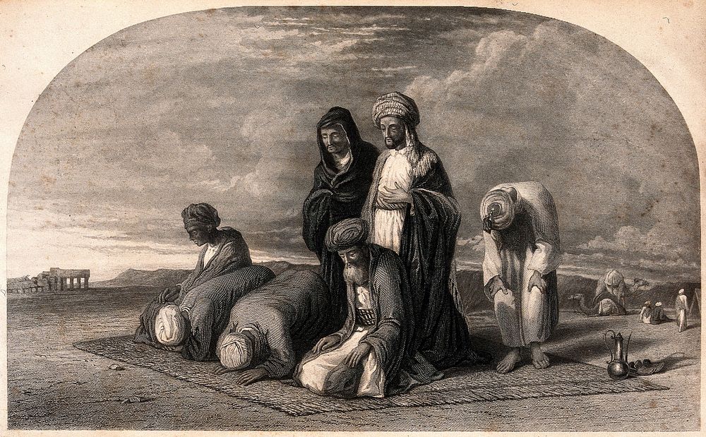 Muslims praying to Mecca. Engraving after W.J. Muller.