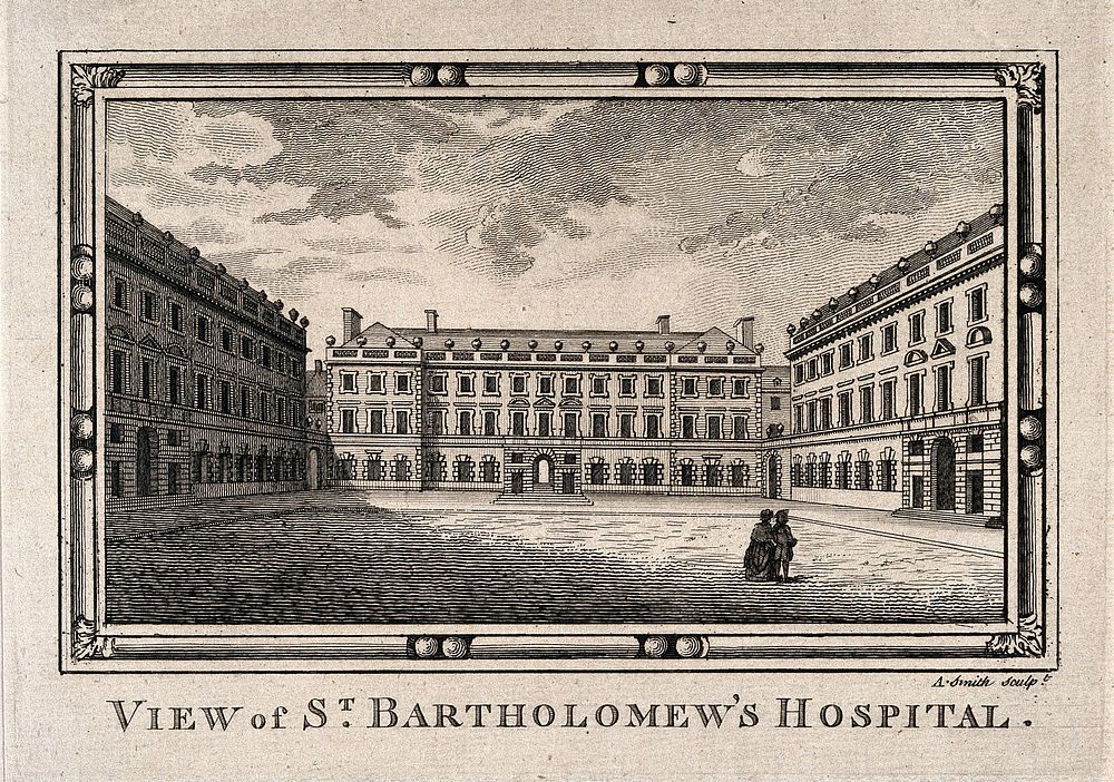 St Bartholomew's Hospital, London: the courtyard, with two figures on the right. Engraving by A. Smith.
