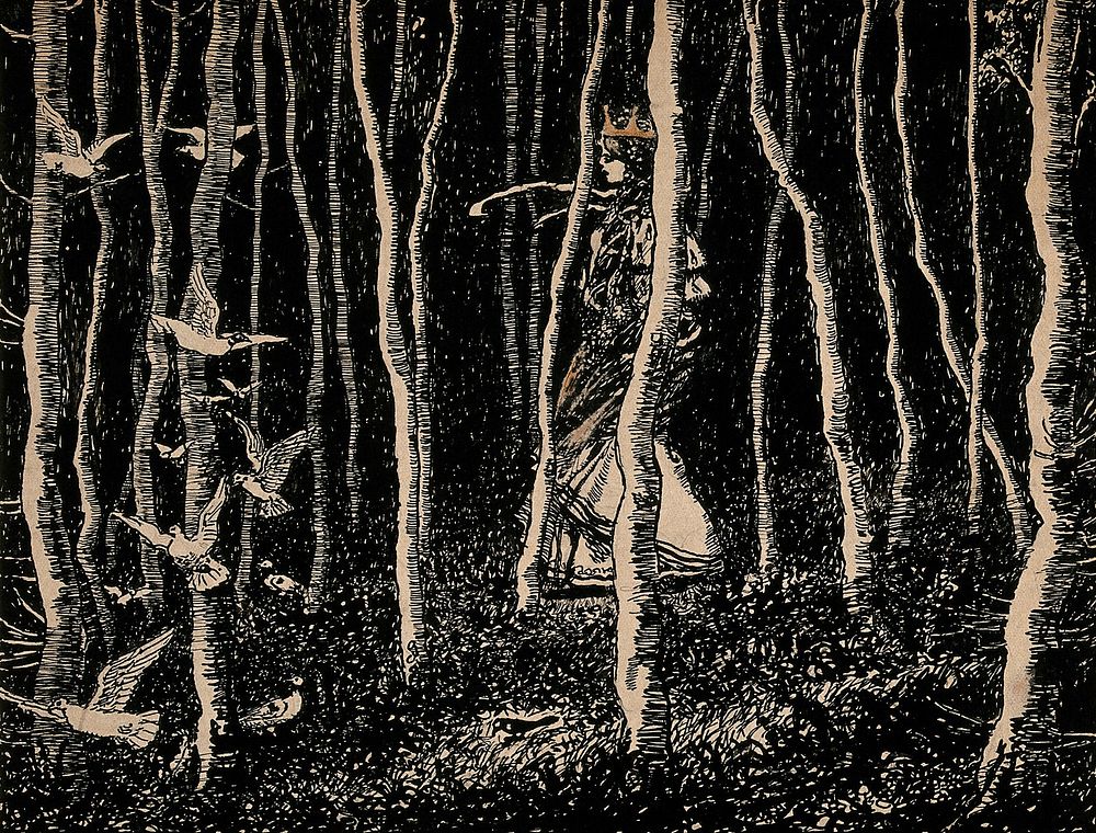 A princess walking in a forest with birds. Pen and ink drawing by H. Macfall.