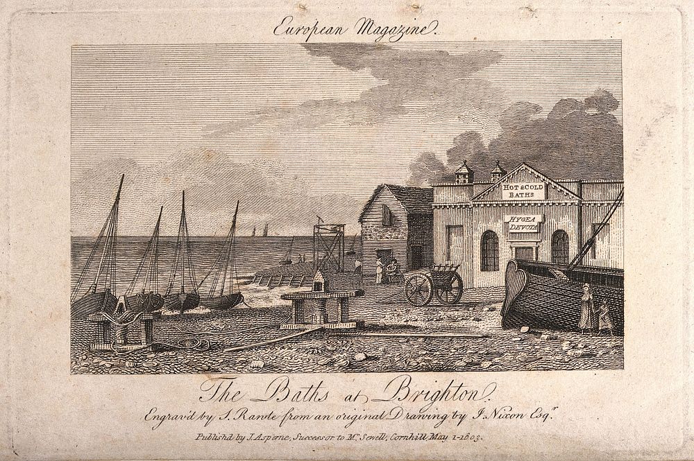 The public baths and fishing boats, Brighton beach. Line engraving by S. Rawle after J. Nixon.