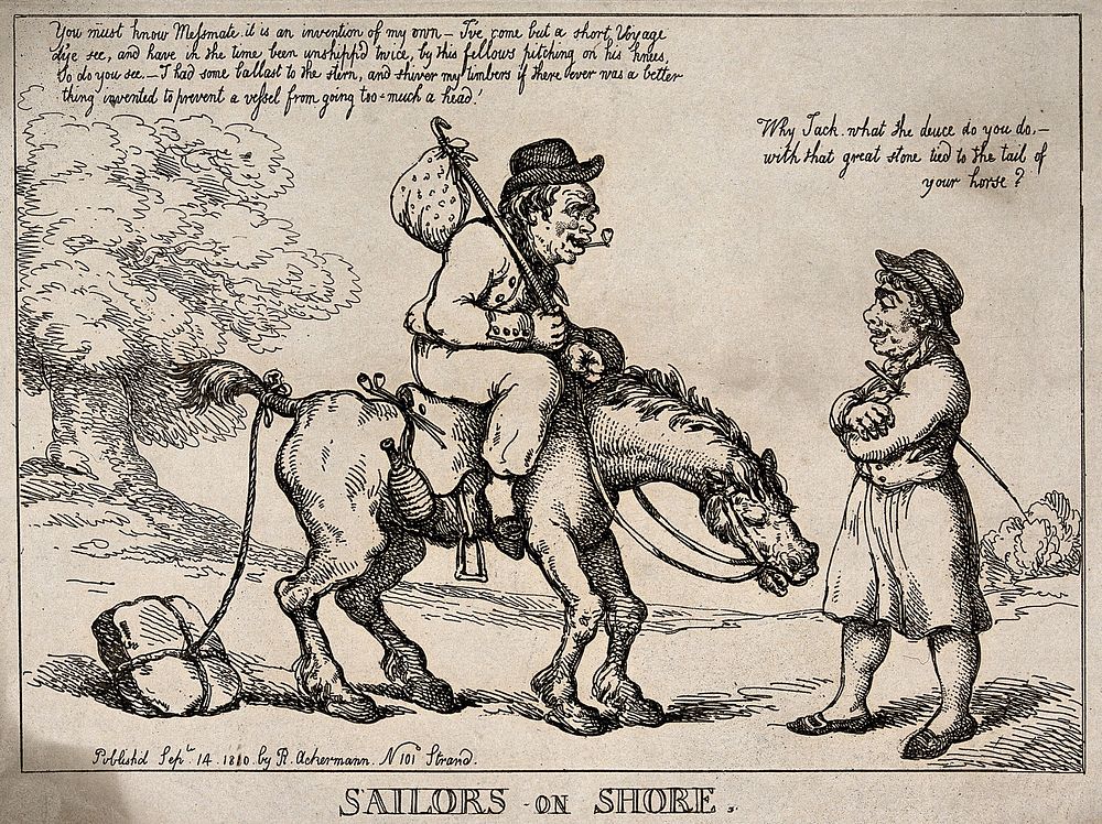 A man on a horse with a stone tied to its tail is talking to another man on the road. Etching.