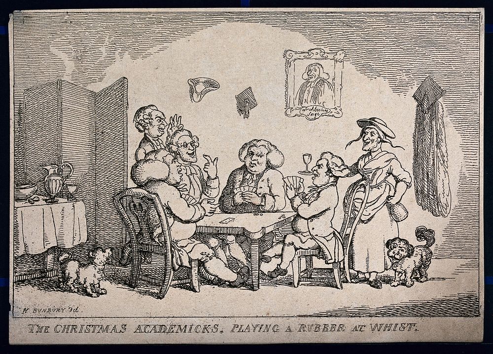 University lecturers at Christmas playing cards. Etching after H. Bunbury.