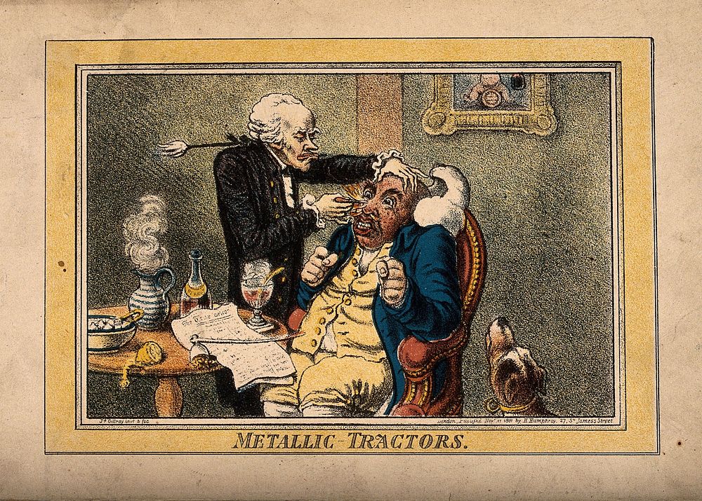 An operator treating the carbuncled nose of an obese patient with "Perkins's tractors". Coloured reproduction of an aquatint…