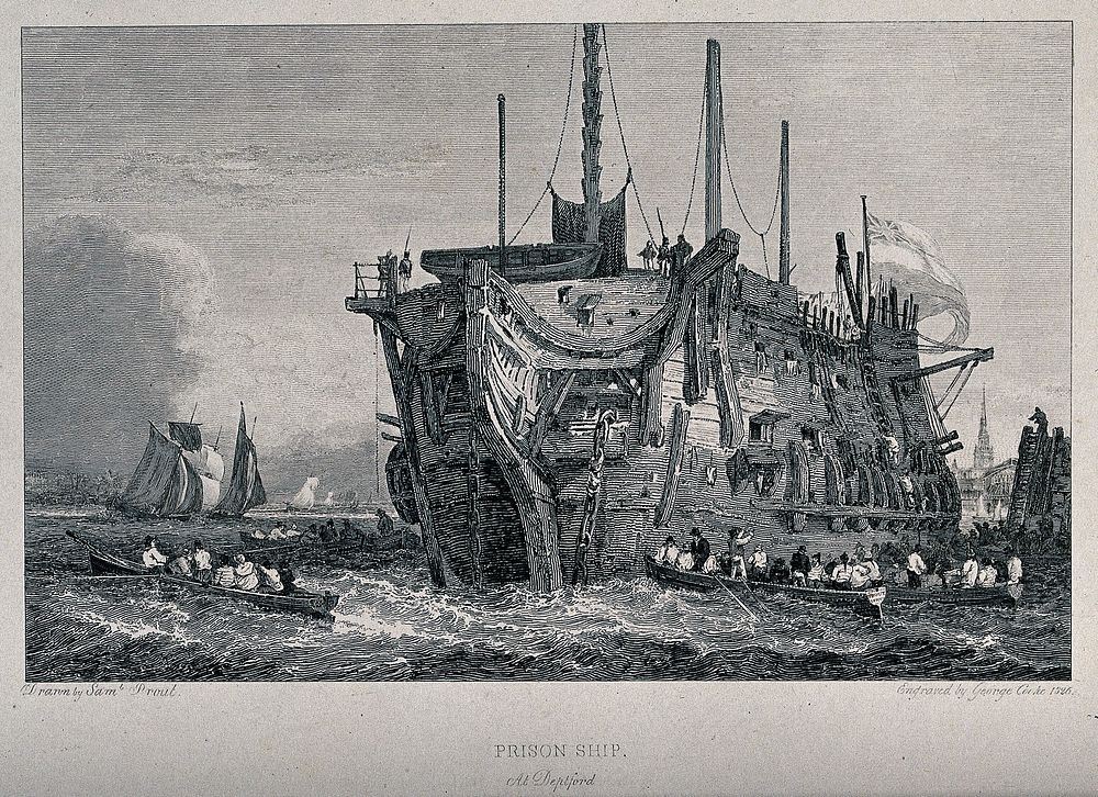 A prison ship in the River Thames at Deptford: rowing boats convey prisoners between land and the ship. Engraving by George…