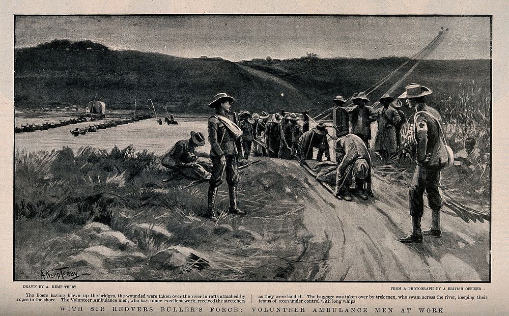 Boer War: volunteer ambulance at work. Process print after A. Kemp Tebby after a photograph.
