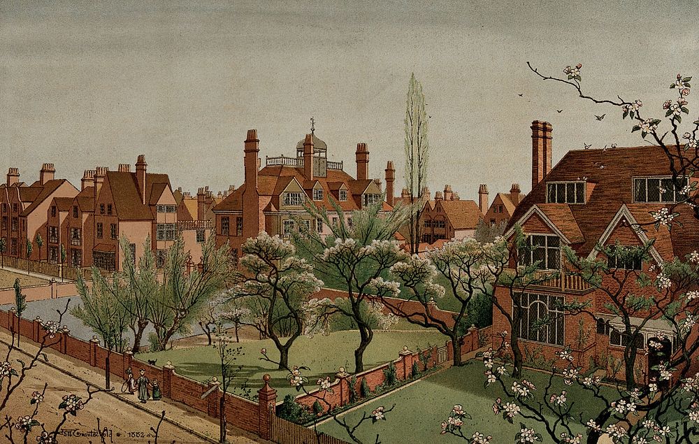 The Tower House, Bedford Park estate in Chiswick, London. Colour lithograph by M. Trautschold, 1882.