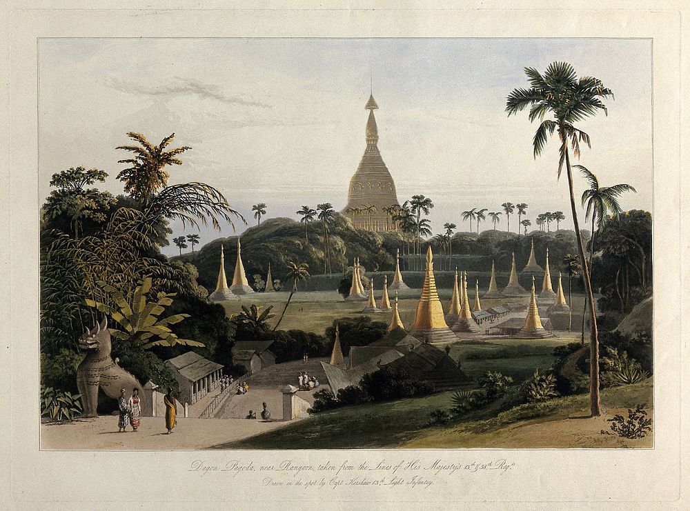 Dagon pagoda, near Rangoon, Burma. Coloured aquatint by William Daniell after James Kershaw, c. 1831.
