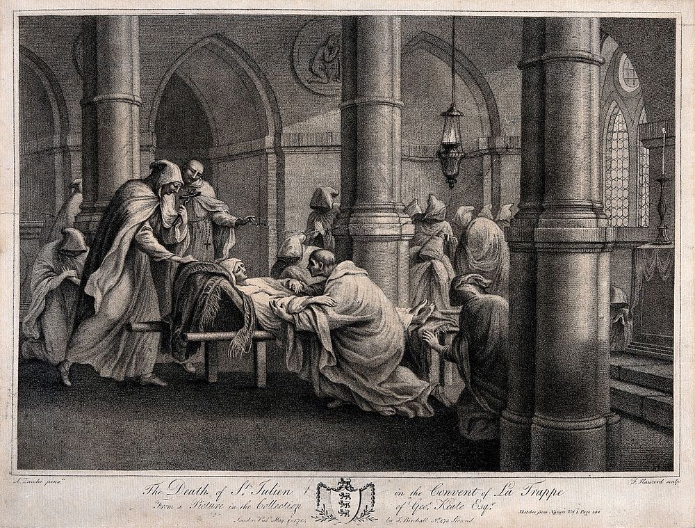 The death of Saint Julian at the monastery of la Trappe. Stipple engraving by F. Haward, 1784, after A. Zucchi.