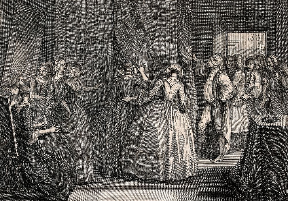 A secret marriage  in England which is being watched by some men and women from outside. Engraving by or after B. Picart.