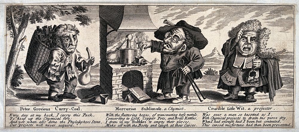 A coal porter, an alchemist and a rich man who hopes vainly to profit from alchemy. Etching, 18th century.