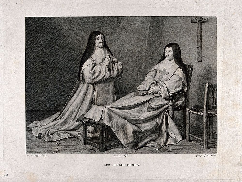 Two nuns at prayer. Engraving by G.R. Levillain after Lefort after Philippe de Champaigne.
