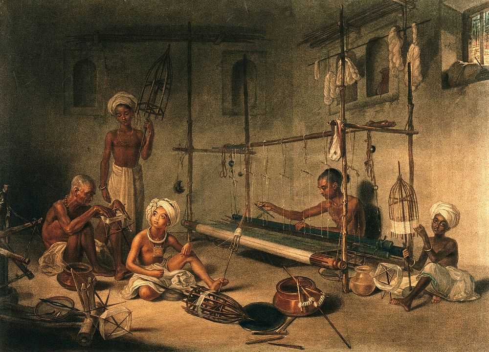 Four boys and an old man working on the loom. Coloured stipple engraving by P.W. Tomkins after A.W. Devis.