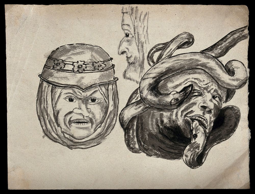 Three sketches of grotesque heads from misericords. Watercolour.